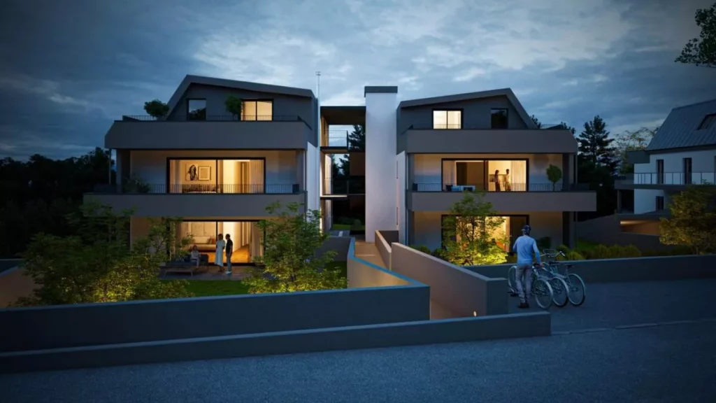 Wohnprojekt Seeblick in Velden bei Abendstimmung